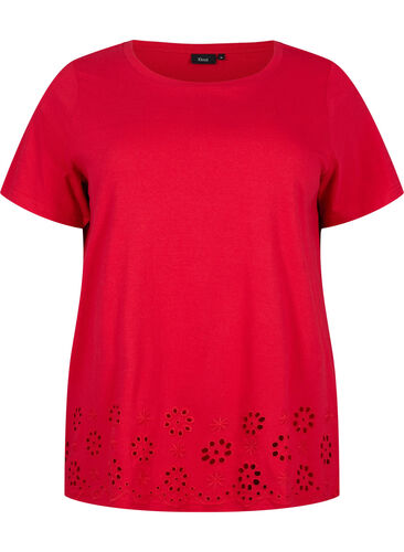 T-shirt in katoen met anglaise borduurwerk, Tango Red, Packshot image number 0