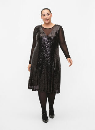A-lijn jurk met pailletten en lange mouwen, Black, Model image number 3