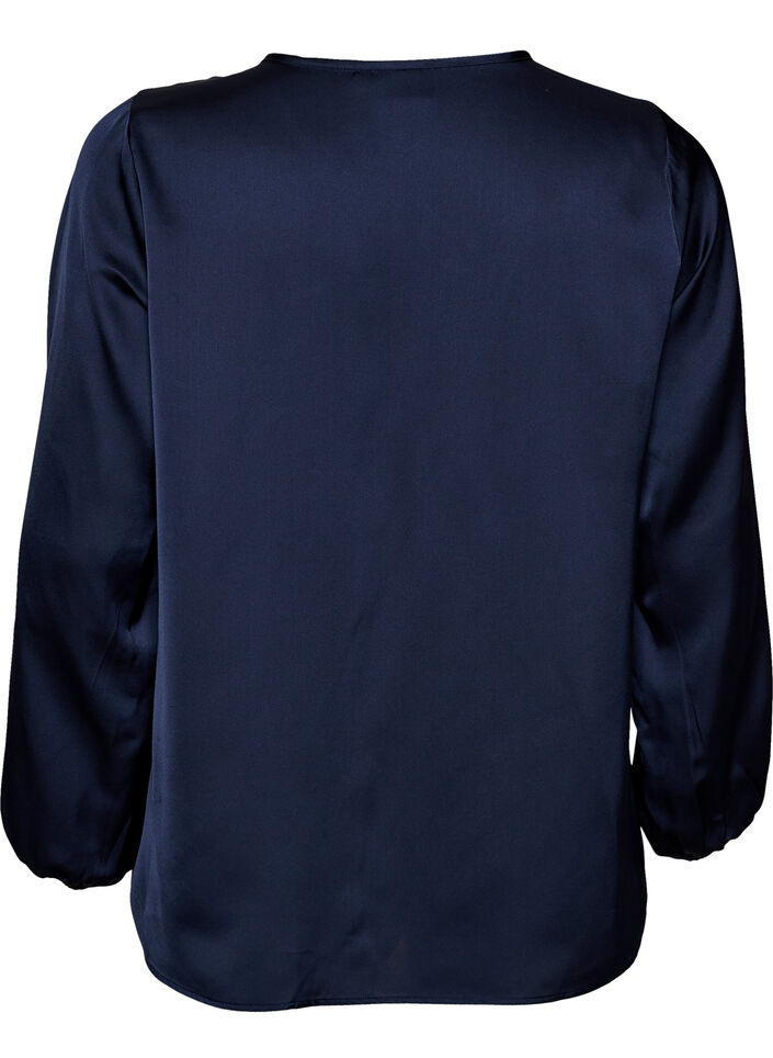 Satijnen blouse met kanten applicatie en parels, Blauw, Packshot image number 1