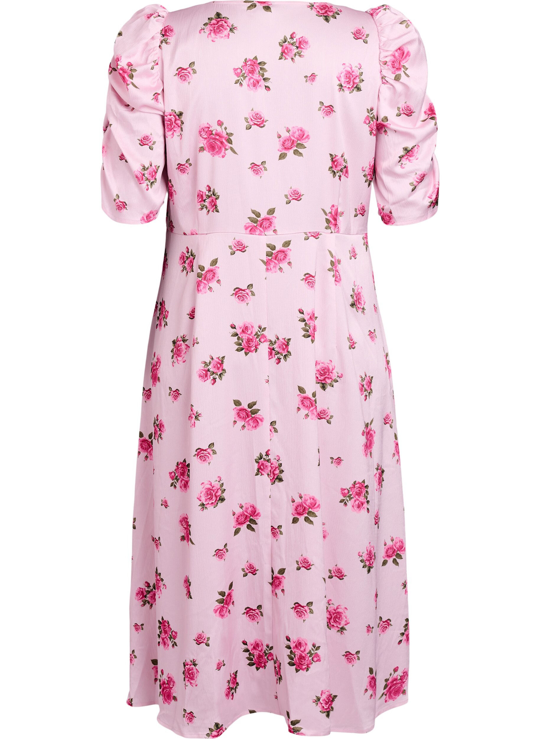 Zizzi Midi-jurk met bloemen en pofmouwen, Roze, Packshot image number 1