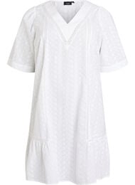 Knielange katoenen jurk met borduursel en V-hals, Wit