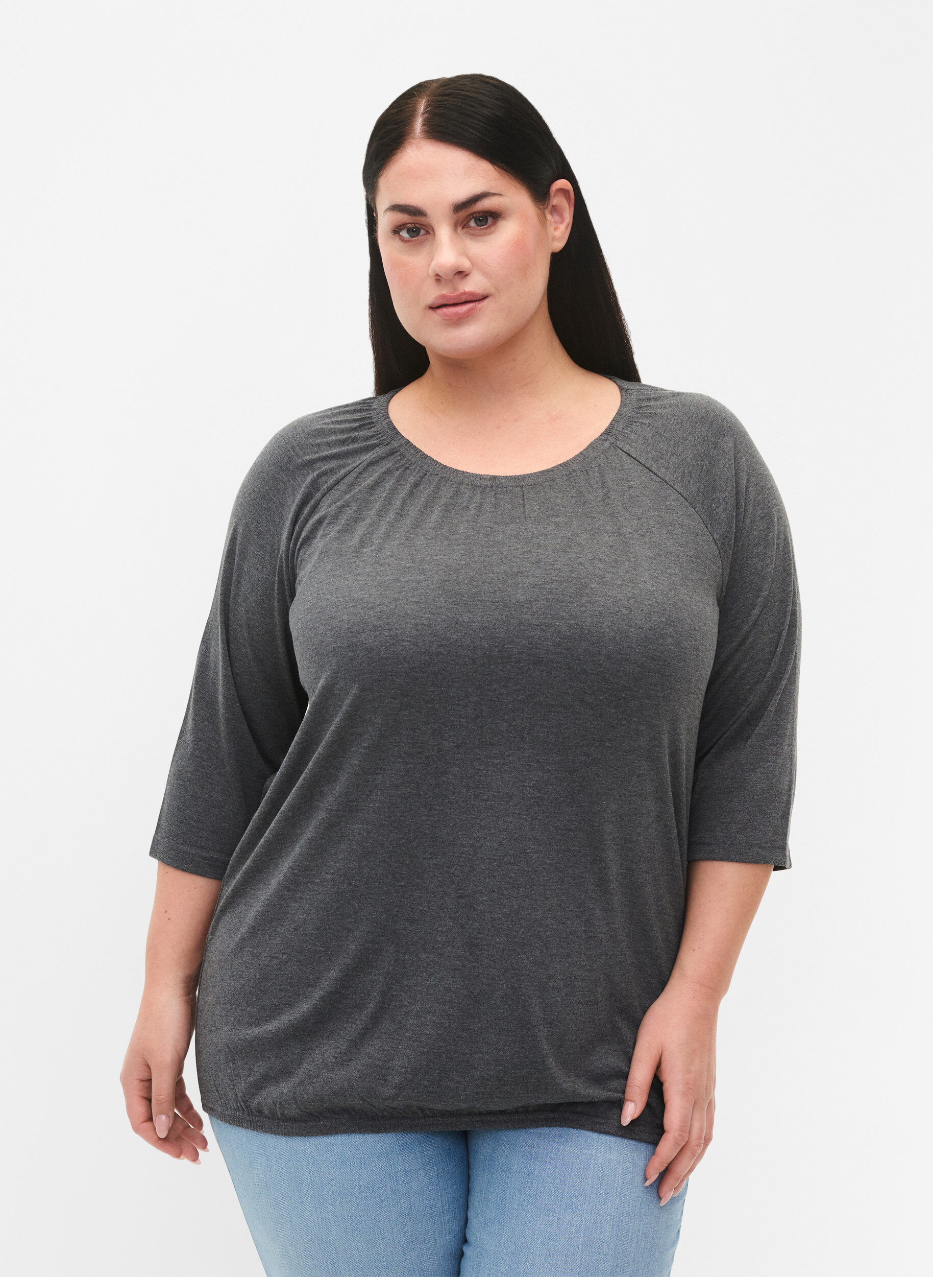Zizzi Gestreepte blouse met 3/4 mouwen, Dark Grey Melange, Model image number 0