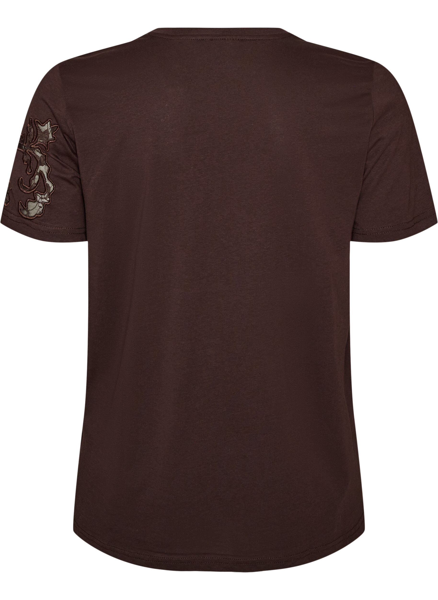 ZizziKatoenen T-shirt met kanten applicaties, Bruin, Packshot image number 1