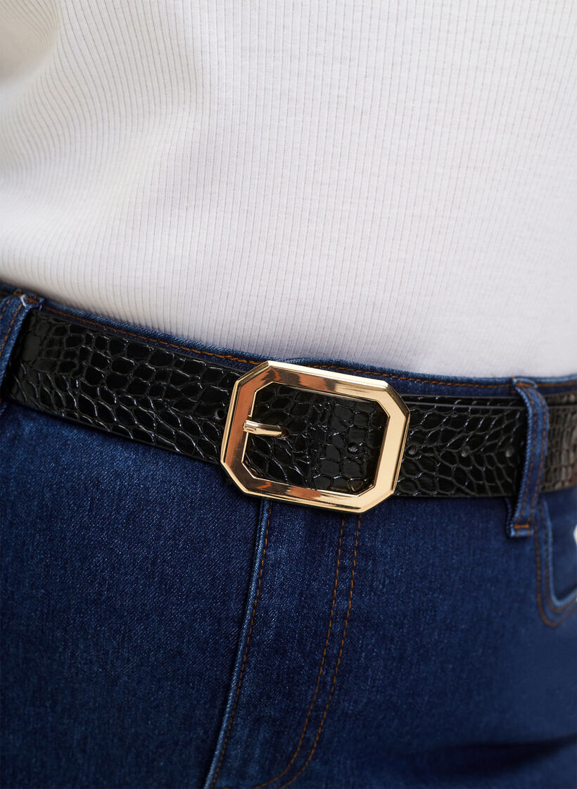 Kunstleren riem met krokodillenpatroon, Black w. Gold Buckle, Model image number 1