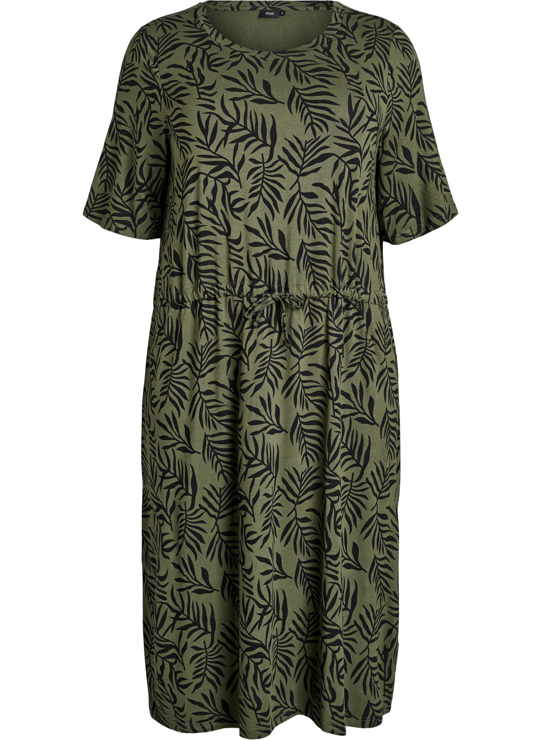 Zizzi Jersey midi jurk met strikriem in de taille, Groen, Packshot image number 0