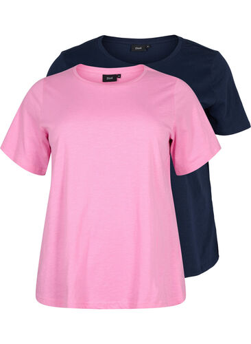Set van 2 basic t-shirts in katoen, Rosebloom/Navy B, Packshot image number 0