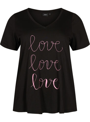 Katoenen t-shirt met v-hals en opdruk, Black W. Love, Packshot image number 0