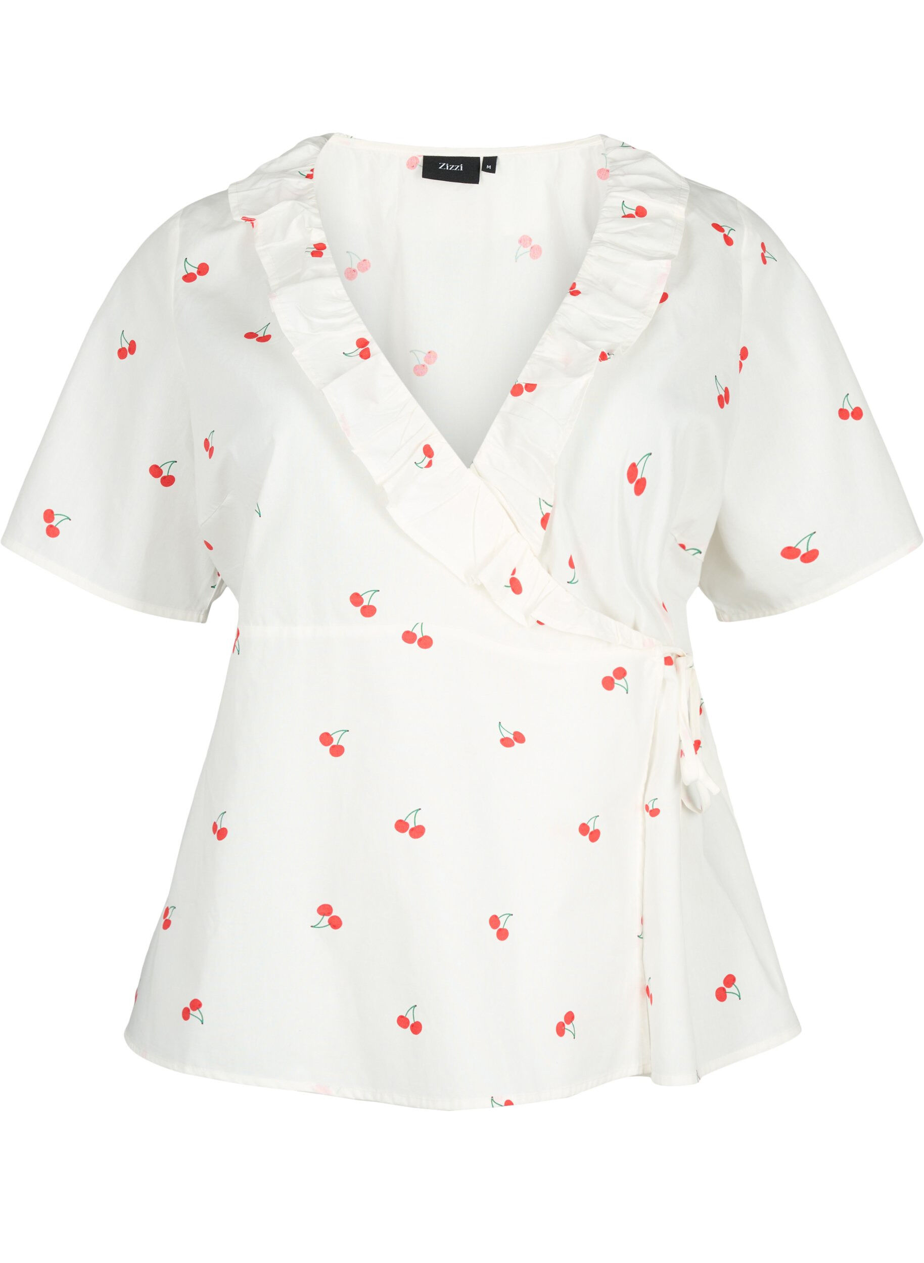 Zizzi Cherry print wrap blouse in cotton, B. White/Cherry, Packshot image number 0