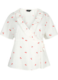 Cherry print wrap blouse in cotton, B. White/Cherry