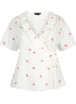 Cherry print wrap blouse in cotton, B. White/Cherry, Packshot image number 0