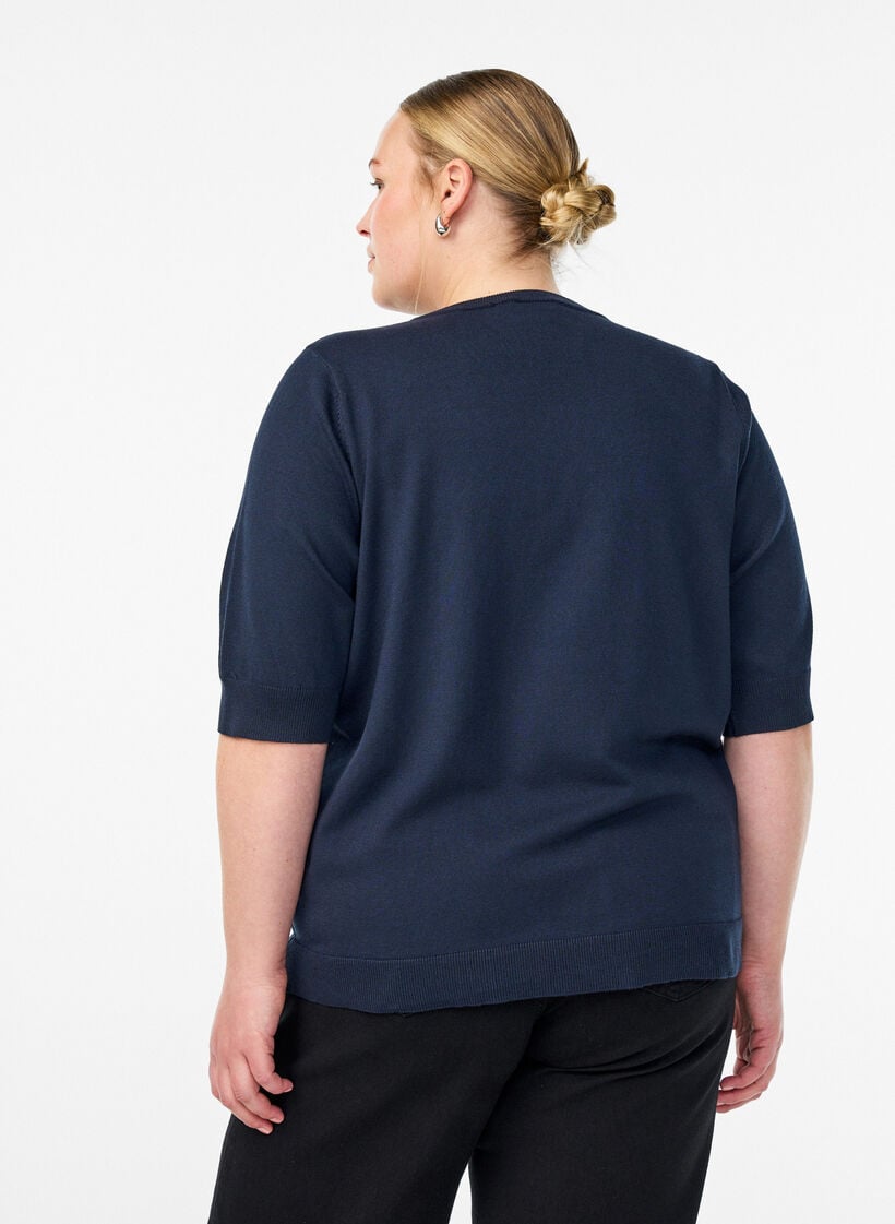 Fijngebreide blouse met korte mouwen, Blauw, Model image number 2