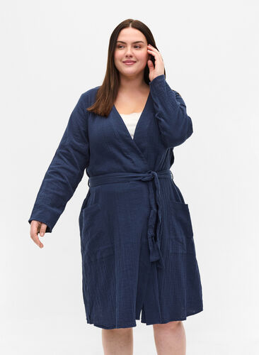 Katoenen badjas met striksluiting, Navy Blazer, Model image number 0