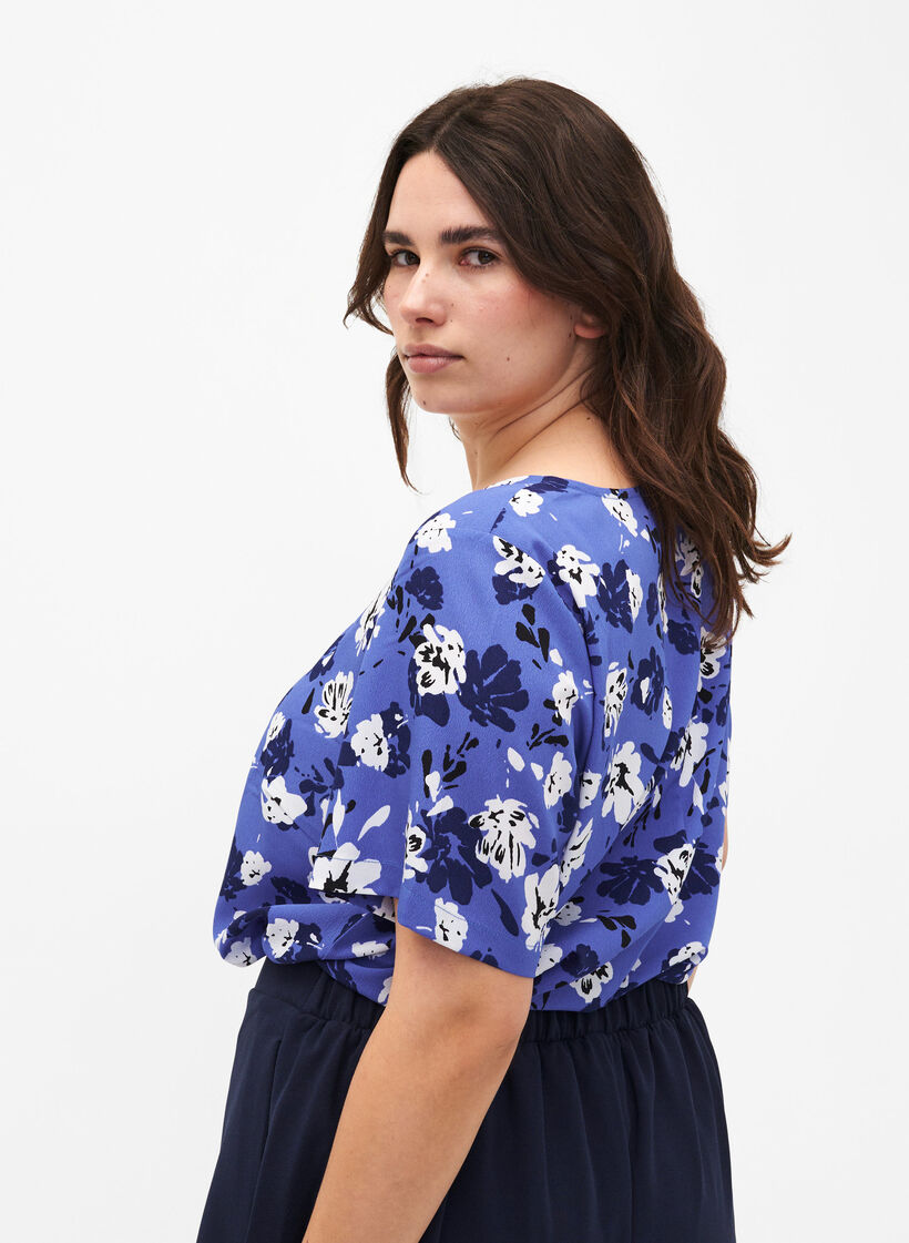 FLASH - Blouse met korte mouwen en print, Amparo Blue Flower, Model image number 1