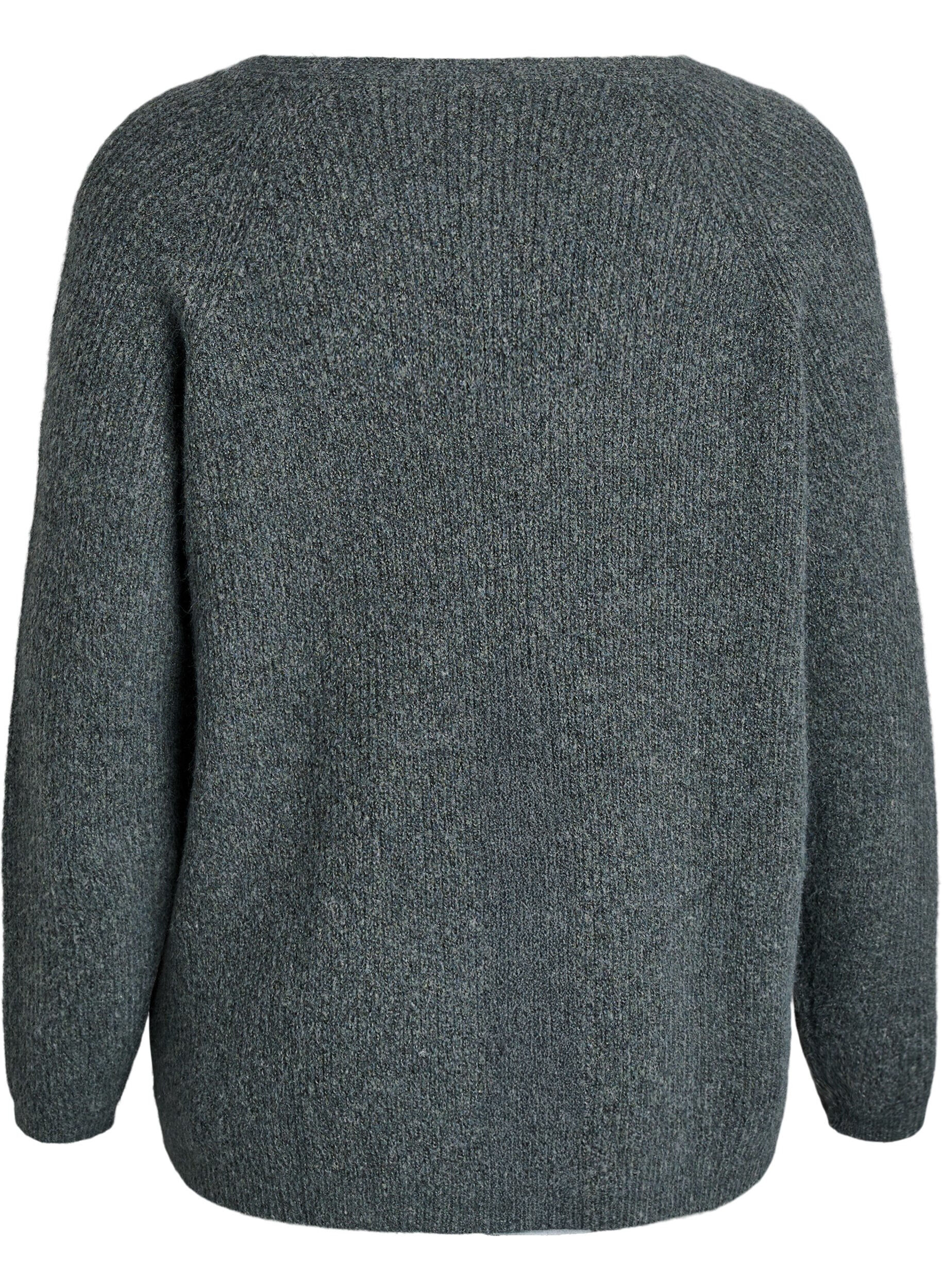 Zizzi Gebreide blouse met V-hals en raglanmouwen, Groen, Packshot image number 1