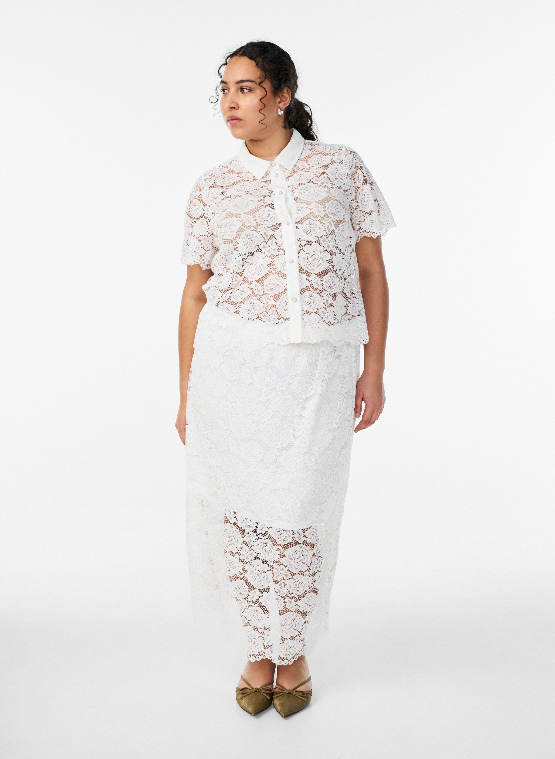 Zizzi Kanten midirok met een elastische tailleband, Wit, Model image number 1