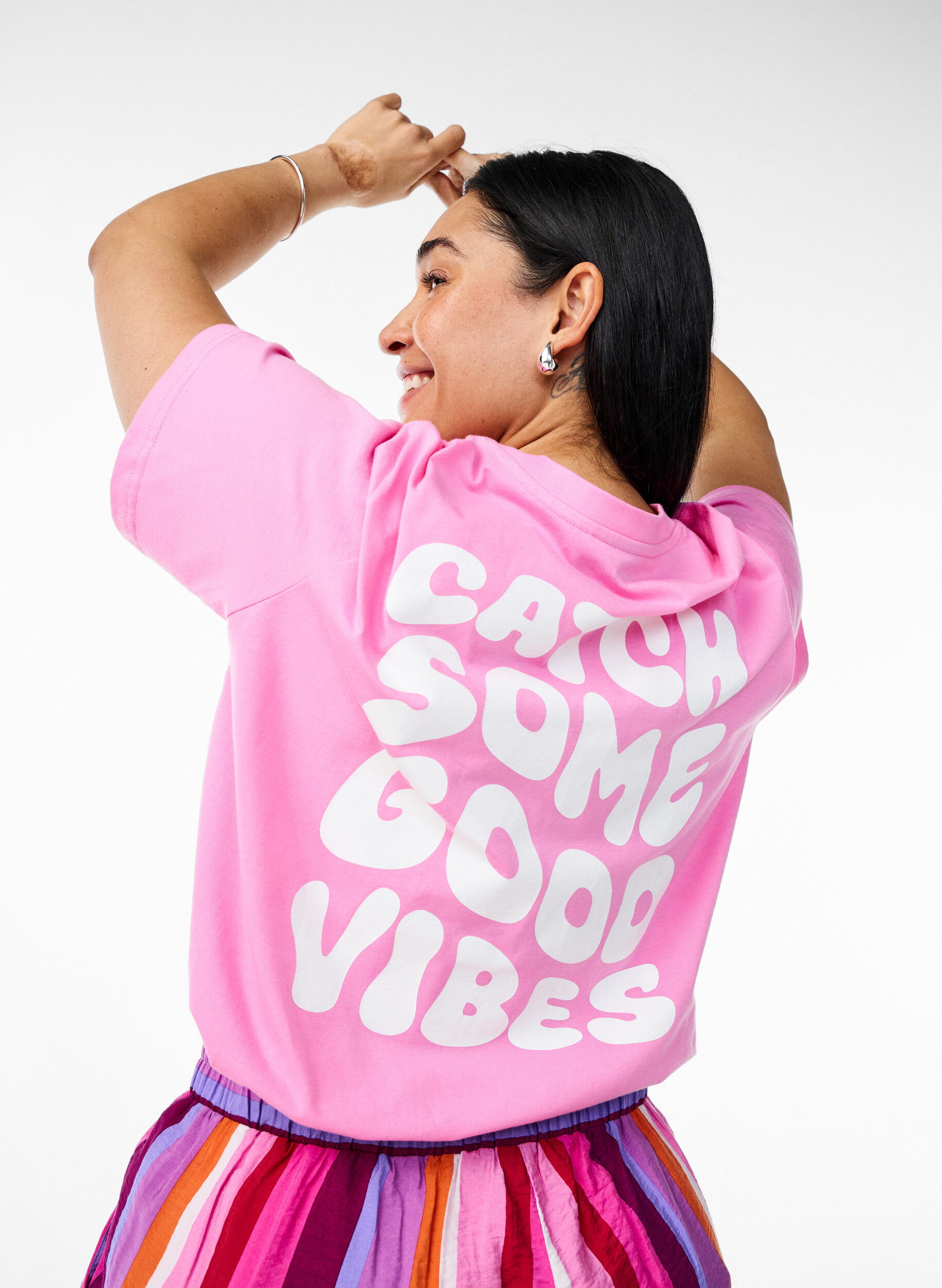 Zizzi Biologisch katoenen T-shirt met tekstmotief, Roze, Model image number 0