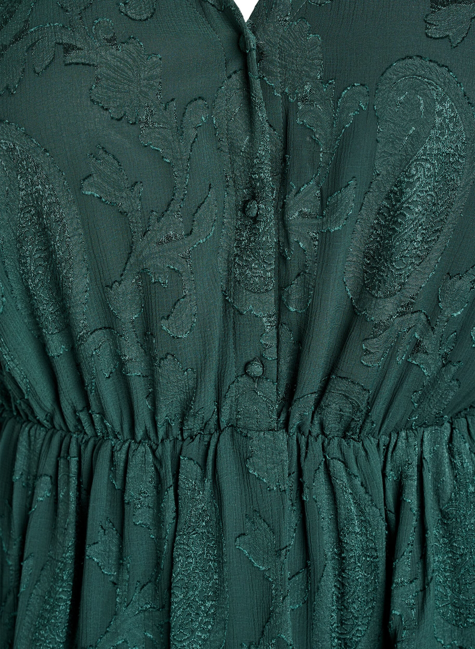 ZizziKorte jurk met ruches en een textuurpatroon, Groen, Packshot image number 2