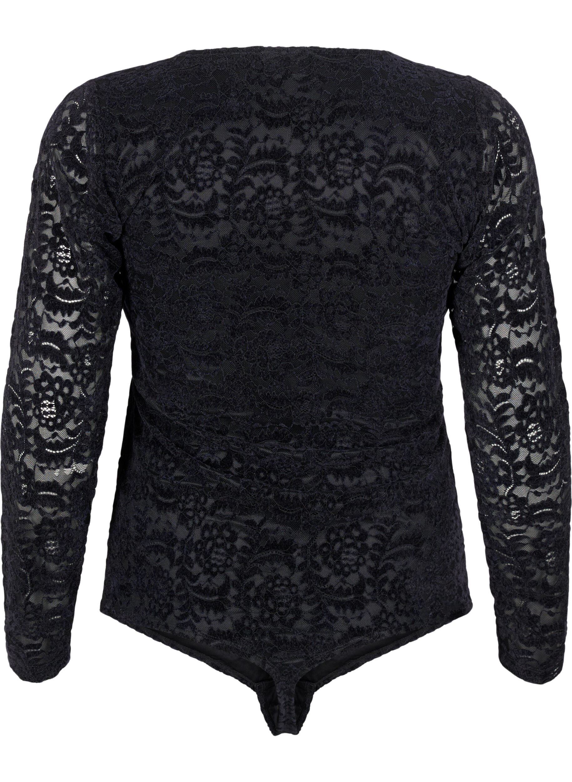 Zizzi Kanten bodystocking met lange mouwen, Black, Packshot image number 1