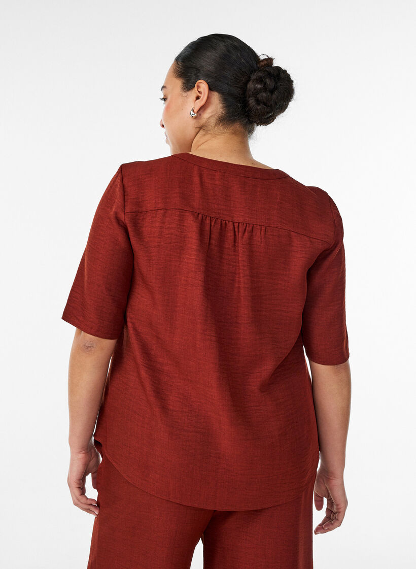 Overhemd blouse met V-hals en korte mouwen, Rood, Model image number 2