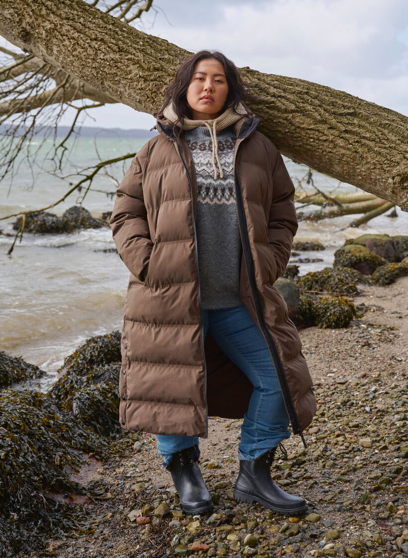 Lange puffer winterjas met capuchon, Bruin, Image image number 0