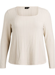 Jerseyblouse met vierkante hals en geribde textuur, Beige