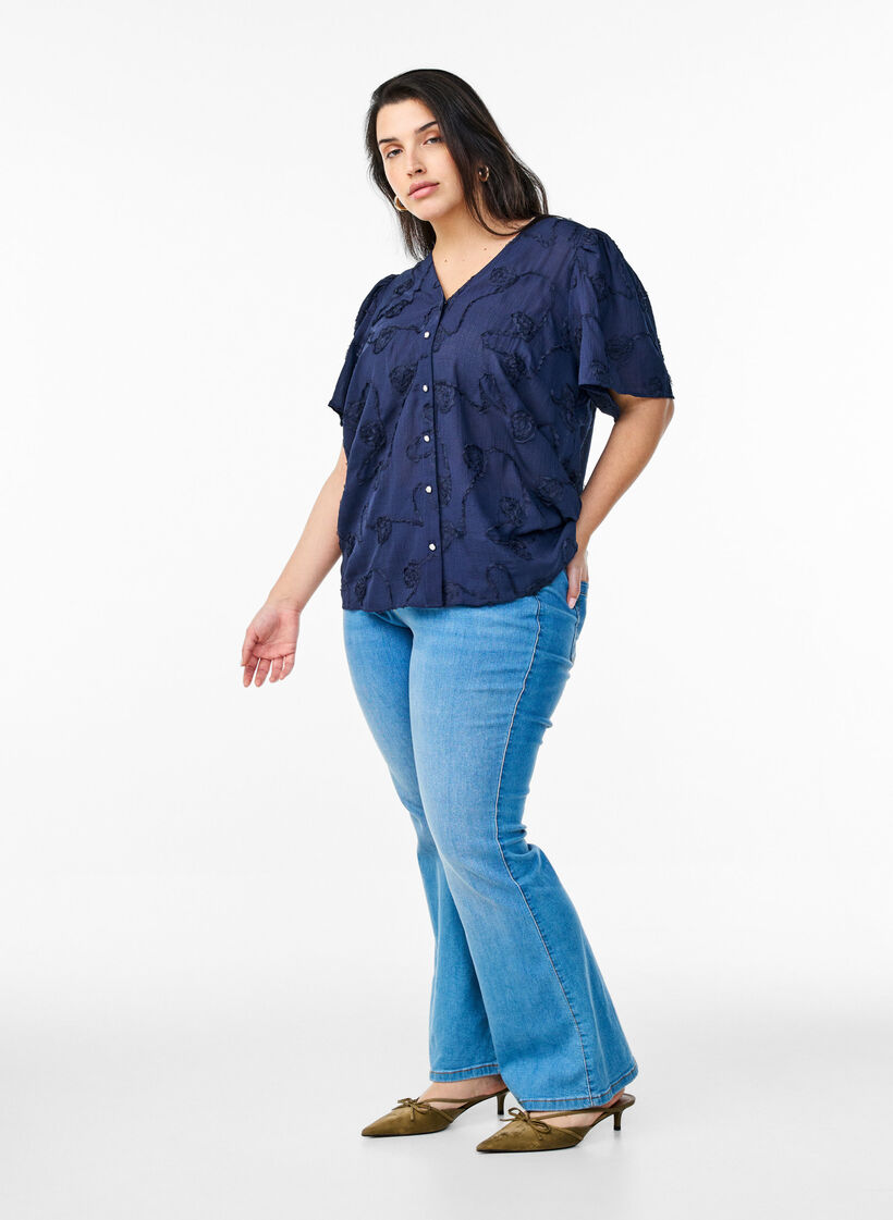 Shirtblouse met korte mouwen en 3D-bloeimeffect, Blauw, Model image number 1