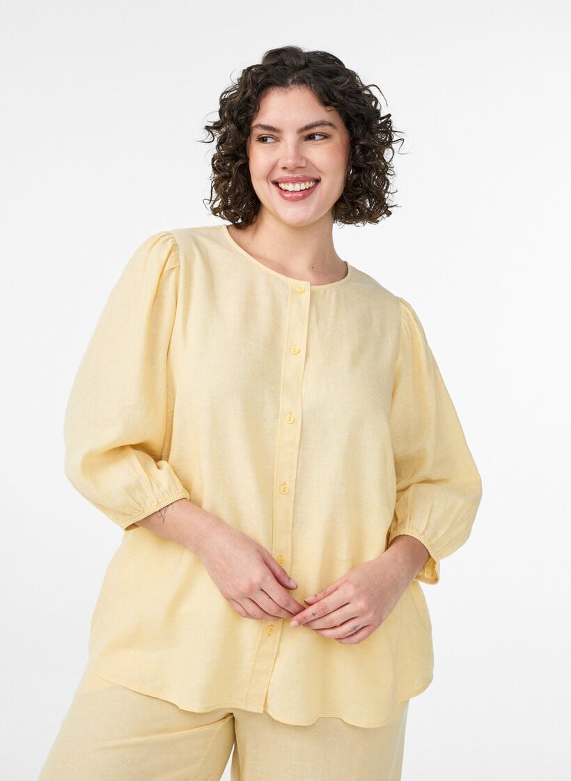 Shirtblouse in linnen en viscose met 3/4-mouwen, Geel, Model image number 0