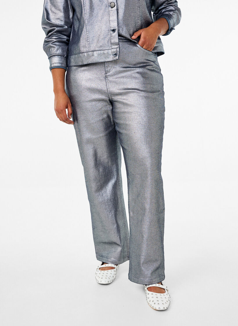 Zilverkleurige jeans met hoge taille, Gun Silver , Model image number 2