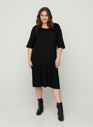 Geribbelde jurk met halflange mouwen, Black, Model image number 2