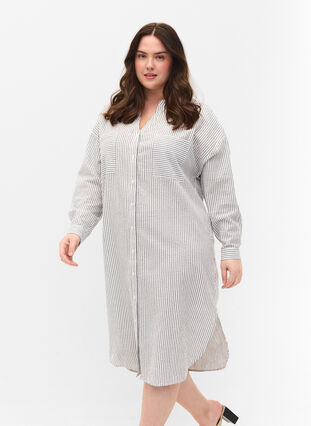 Gestreepte blouse jurk in katoen, White Stripe, Model image number 0