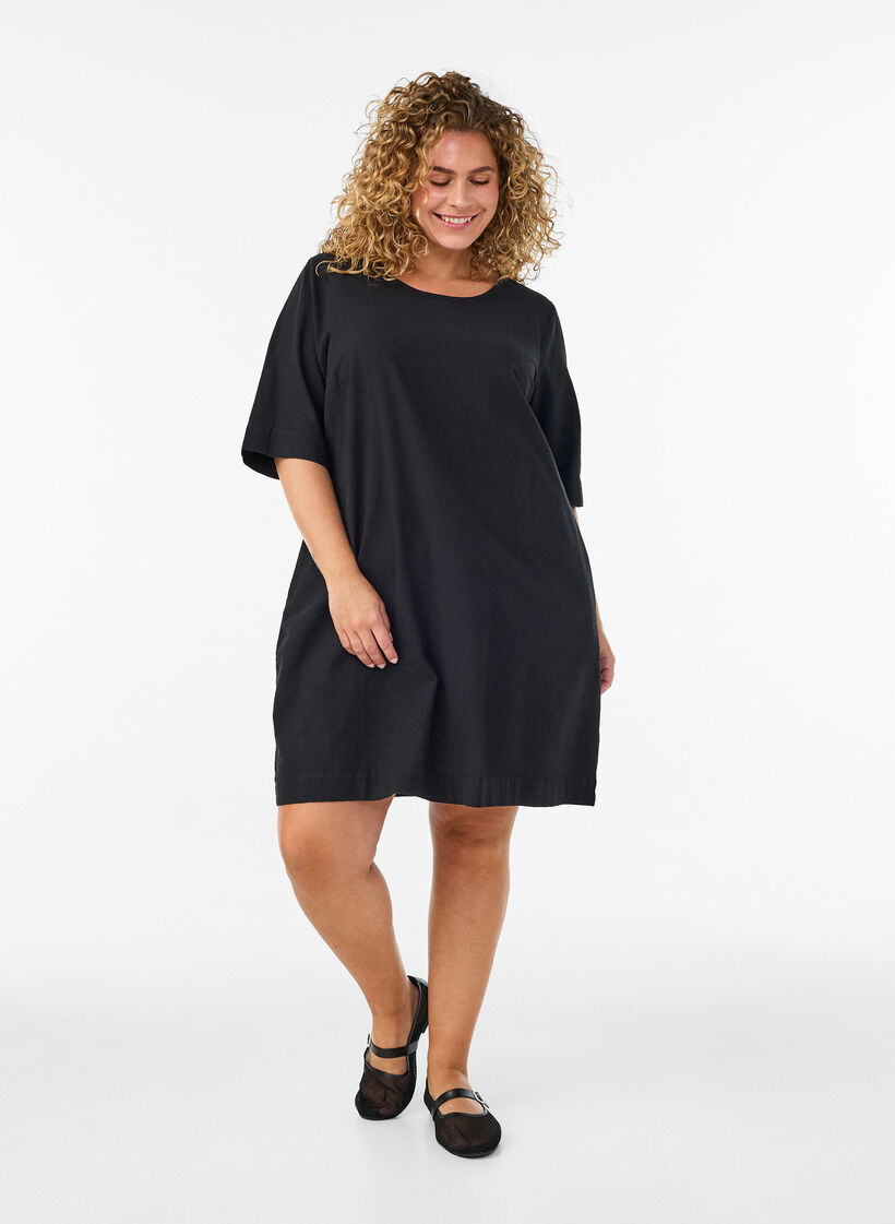 Katoenen jurk met korte mouwen en zakken, Zwart, Model image number 1