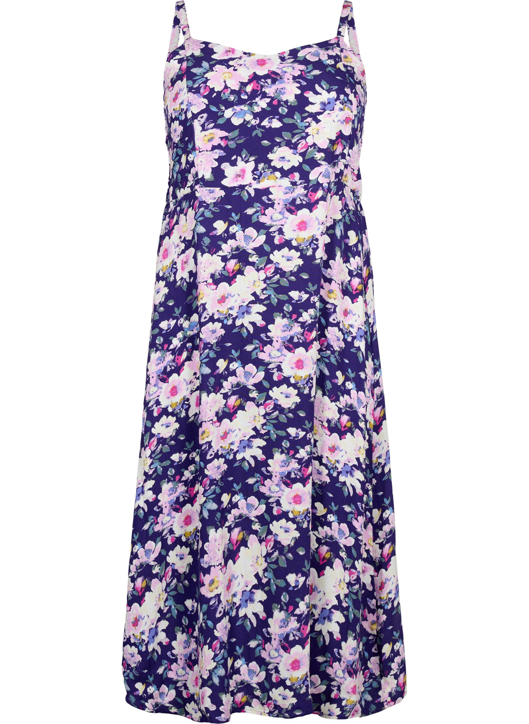 Zizzi Gebloemde viscose strappy jurk met smock, Blue Flower, Packshot image number 0