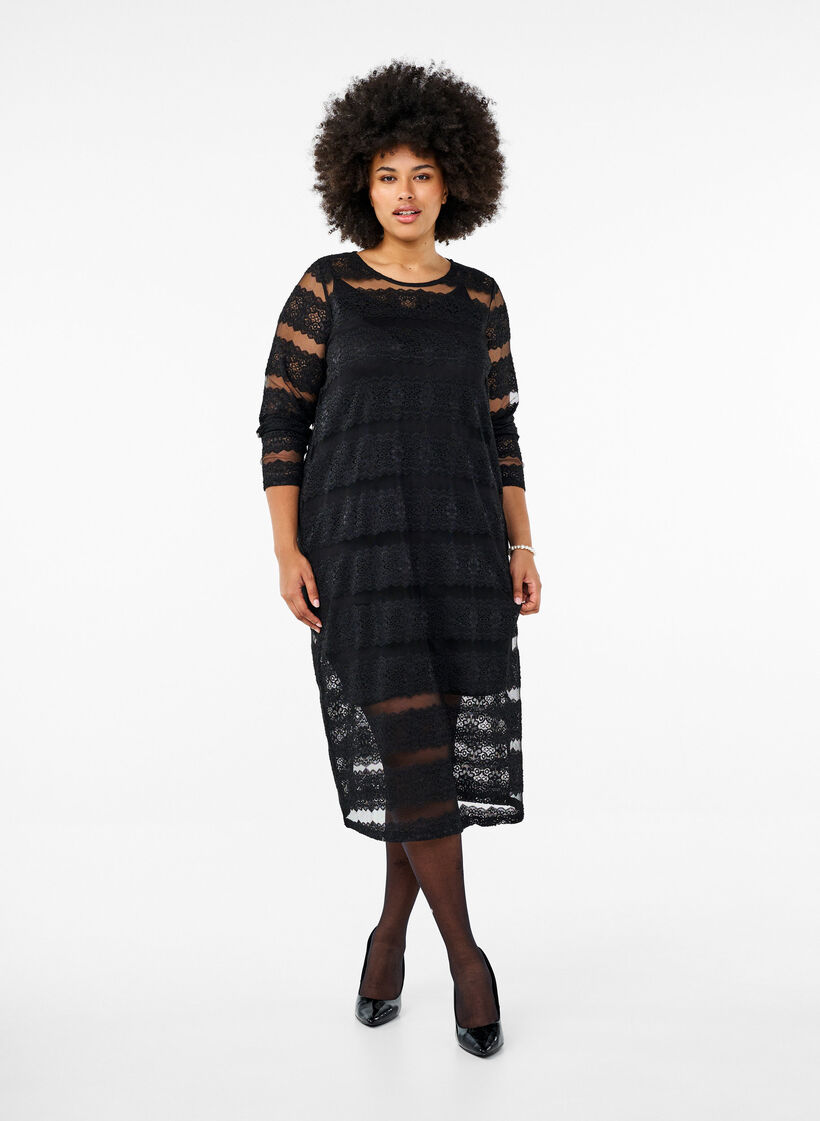 Midi-jurk met kant en doorschijnend mesh, Black, Model image number 0