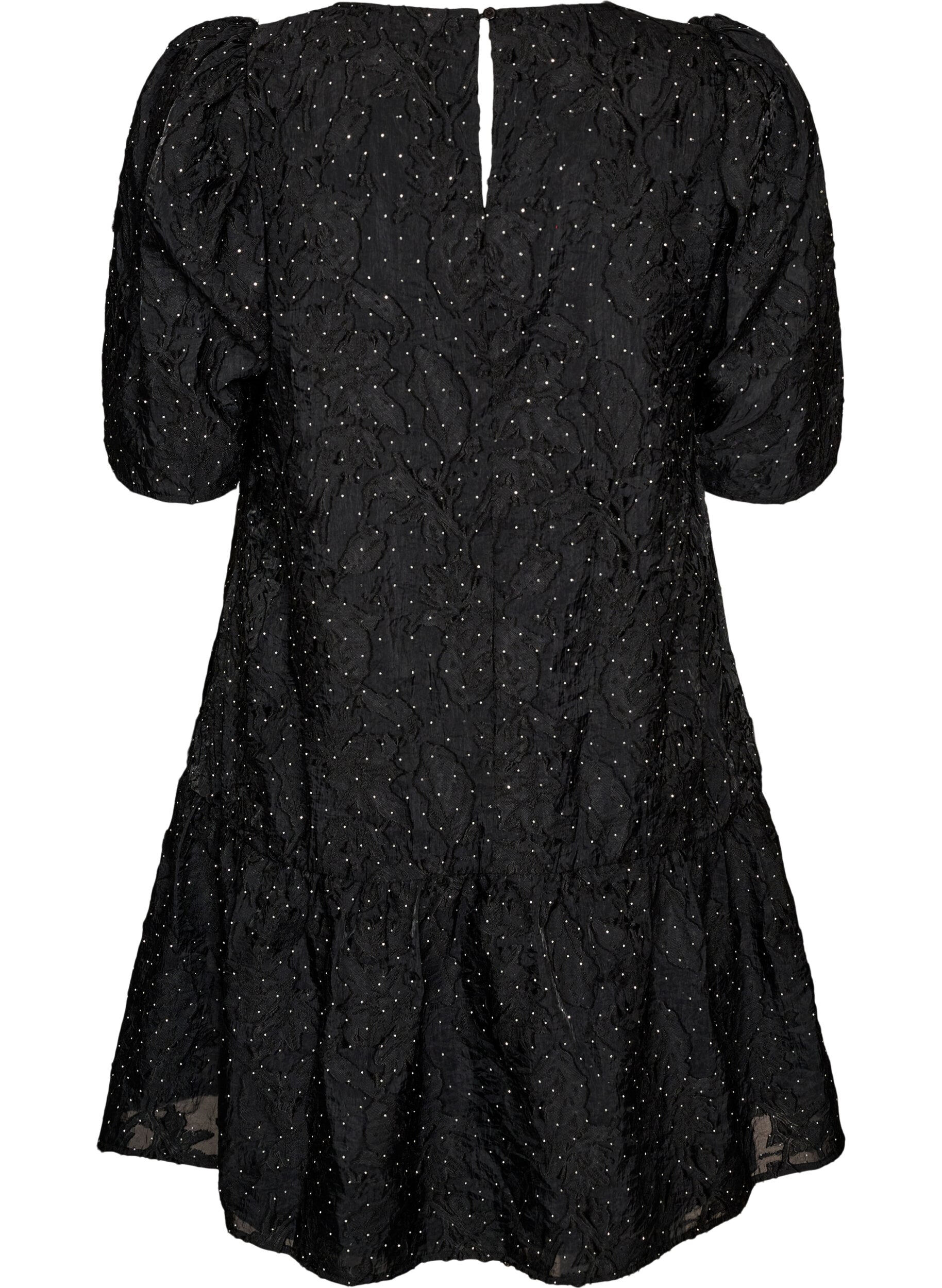 ZizziJacquard jurk met glanzende details en pofmouwen, Zwart, Packshot image number 1