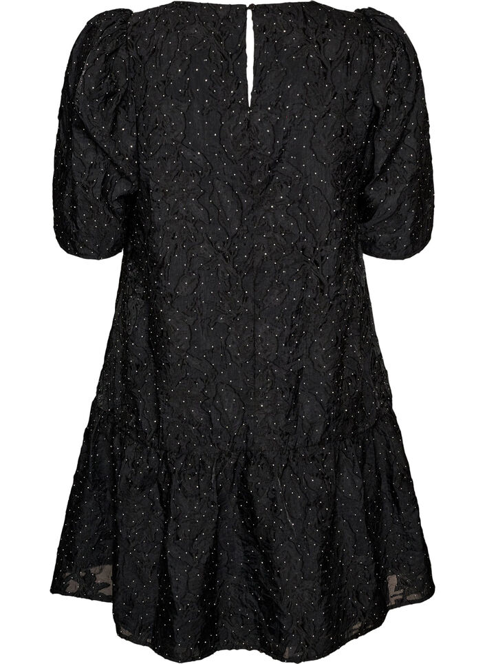 Jacquard jurk met glanzende details en pofmouwen, Zwart, Packshot image number 1