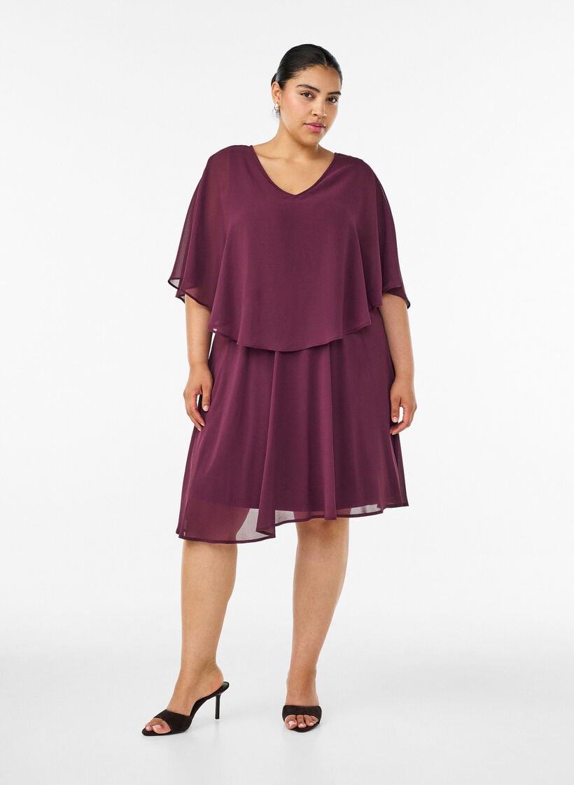 Korte chiffon feestjurk met gelaagd effect, Rood, Model image number 1