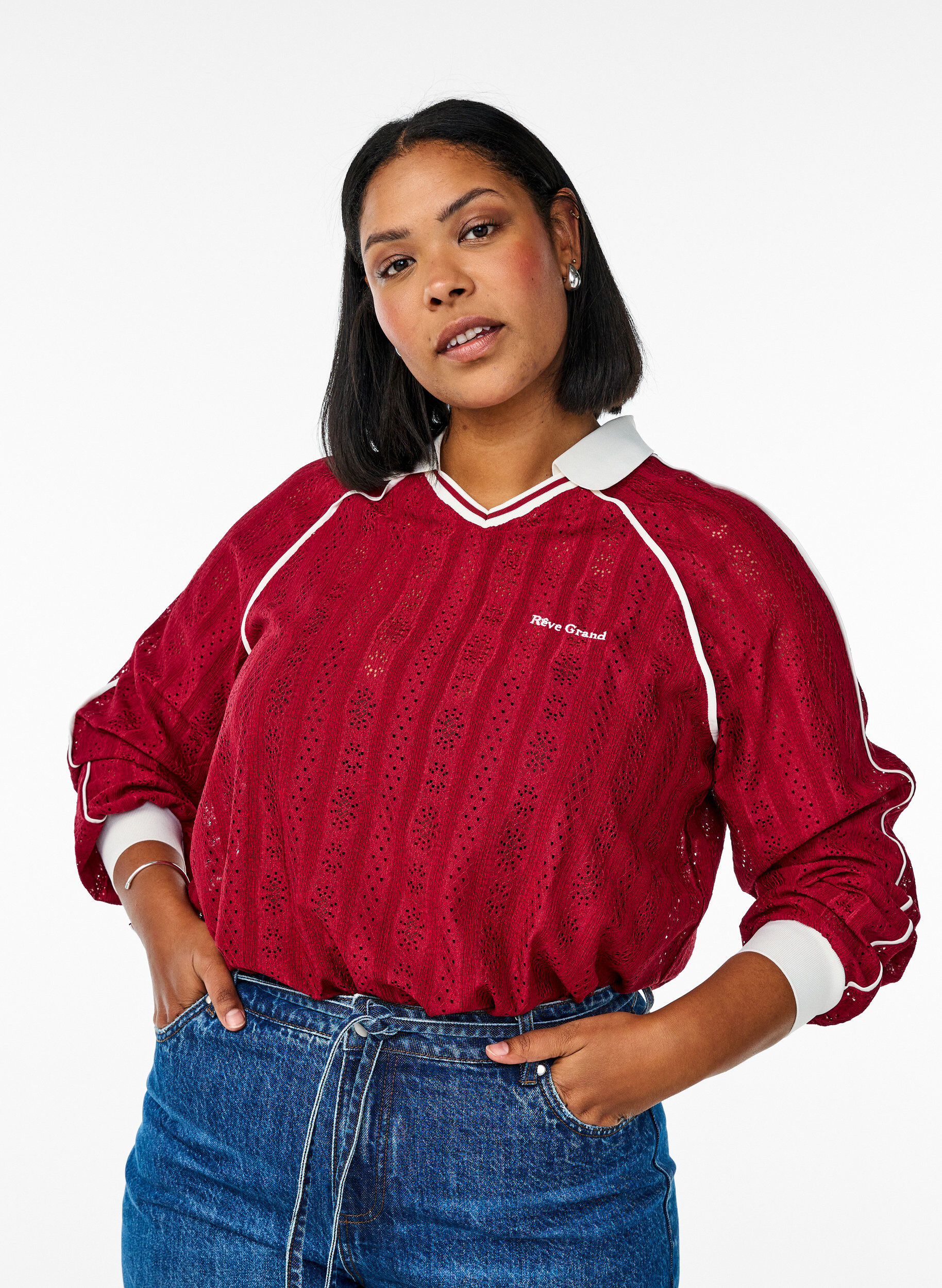 Zizzi Jersey blouse met een textuur en contrasterende details, Rood, Model image number 0