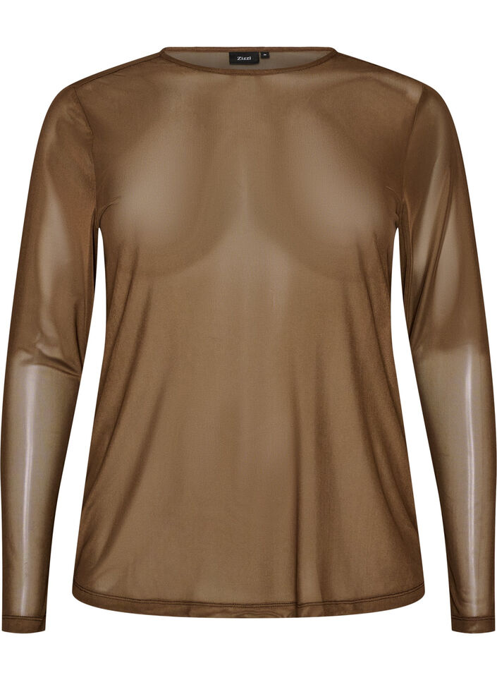 Mesh blouse met lange mouwen, Bruin, Packshot image number 0
