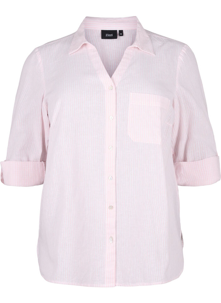 Shirtblouse met knoopsluiting van katoen-linnenmix, Rosebloom White, Packshot image number 0
