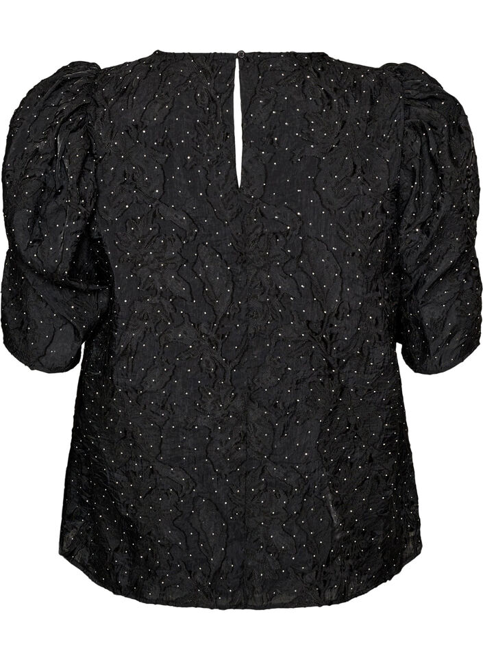 Jacquard blouse met sprankelende details en pofmouwen, Zwart, Packshot image number 1