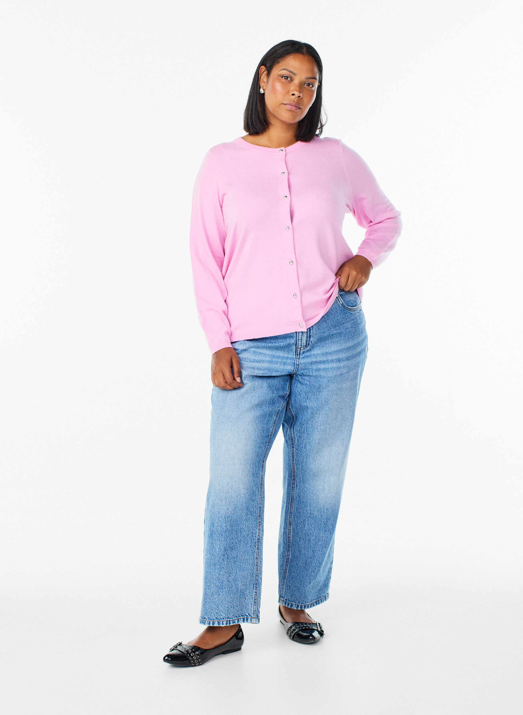 Zizzi Cardigan met ronde knopen, Roze, Model image number 1