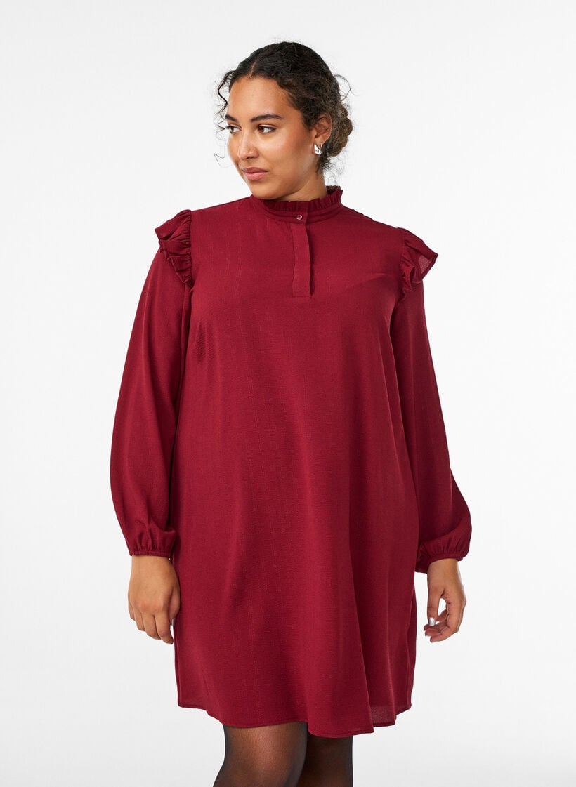 Kort jurkje met ruches en glitter, Donker Bordeaux, Model image number 0