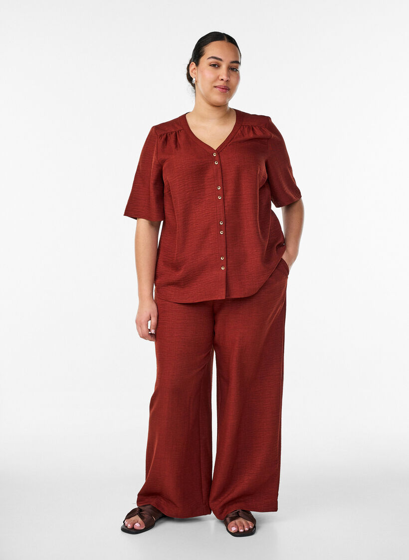 Overhemd blouse met V-hals en korte mouwen, Rood, Model image number 1