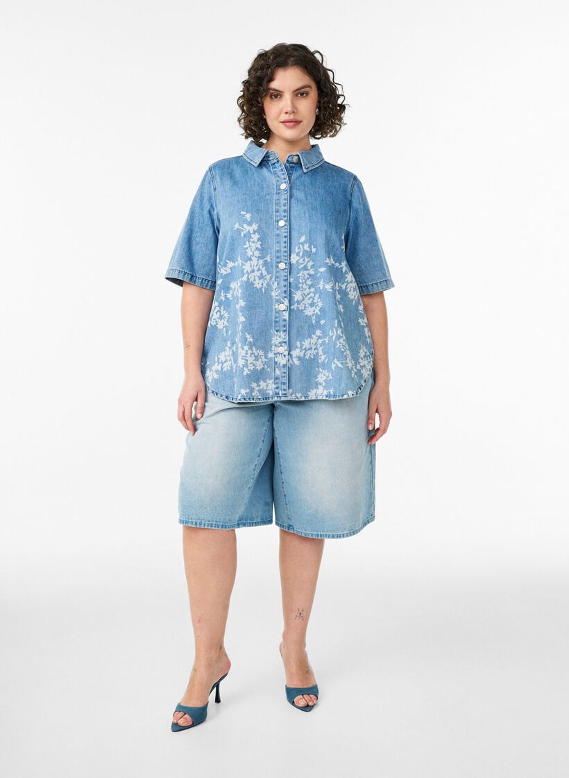 Denimshirt met bloemenprint en korte mouwen, Blauw, Model image number 1