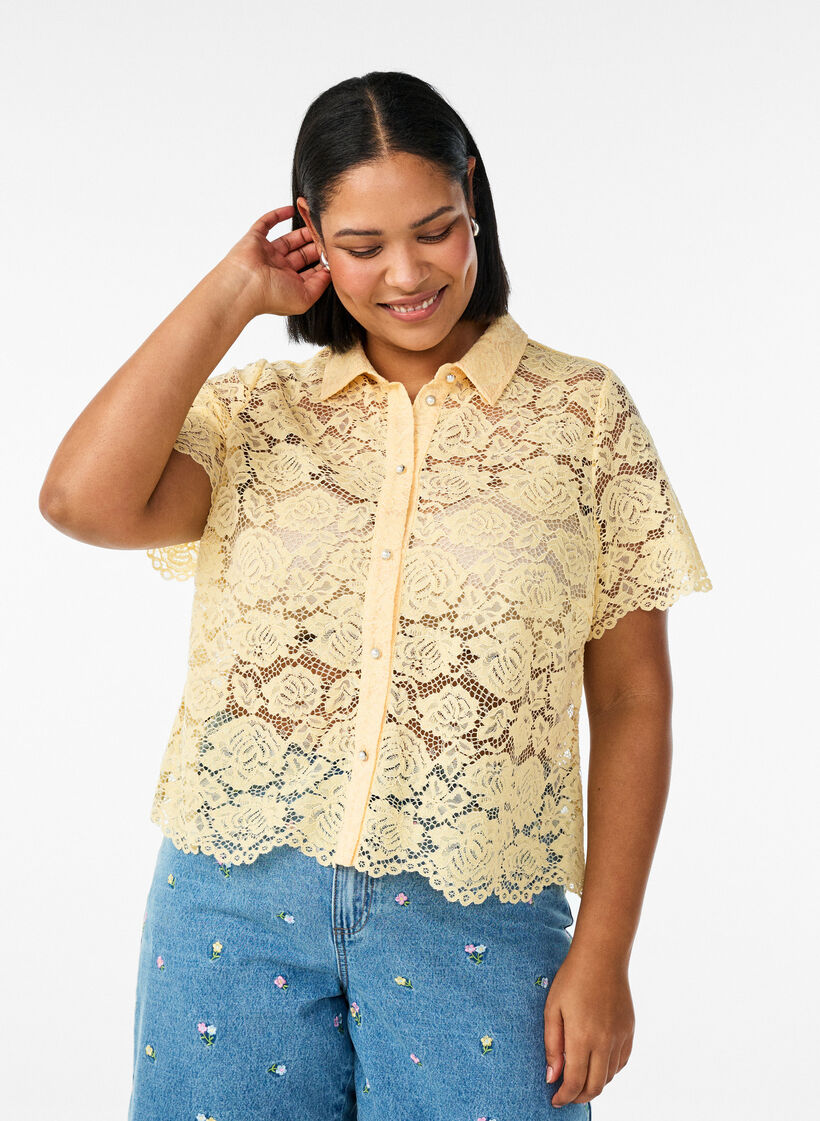 Kanten shirt blouse met parelknopen, Geel, Model image number 0