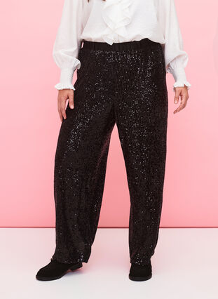 Pailletten broek met elastische tailleband, Black, Model image number 2