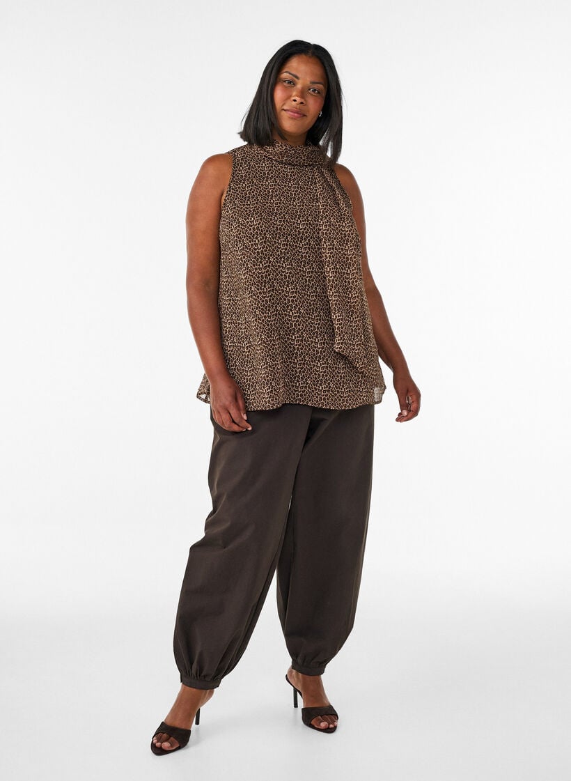 Mouwloze blouse met hoge hals en een strik, Bruin, Model image number 1