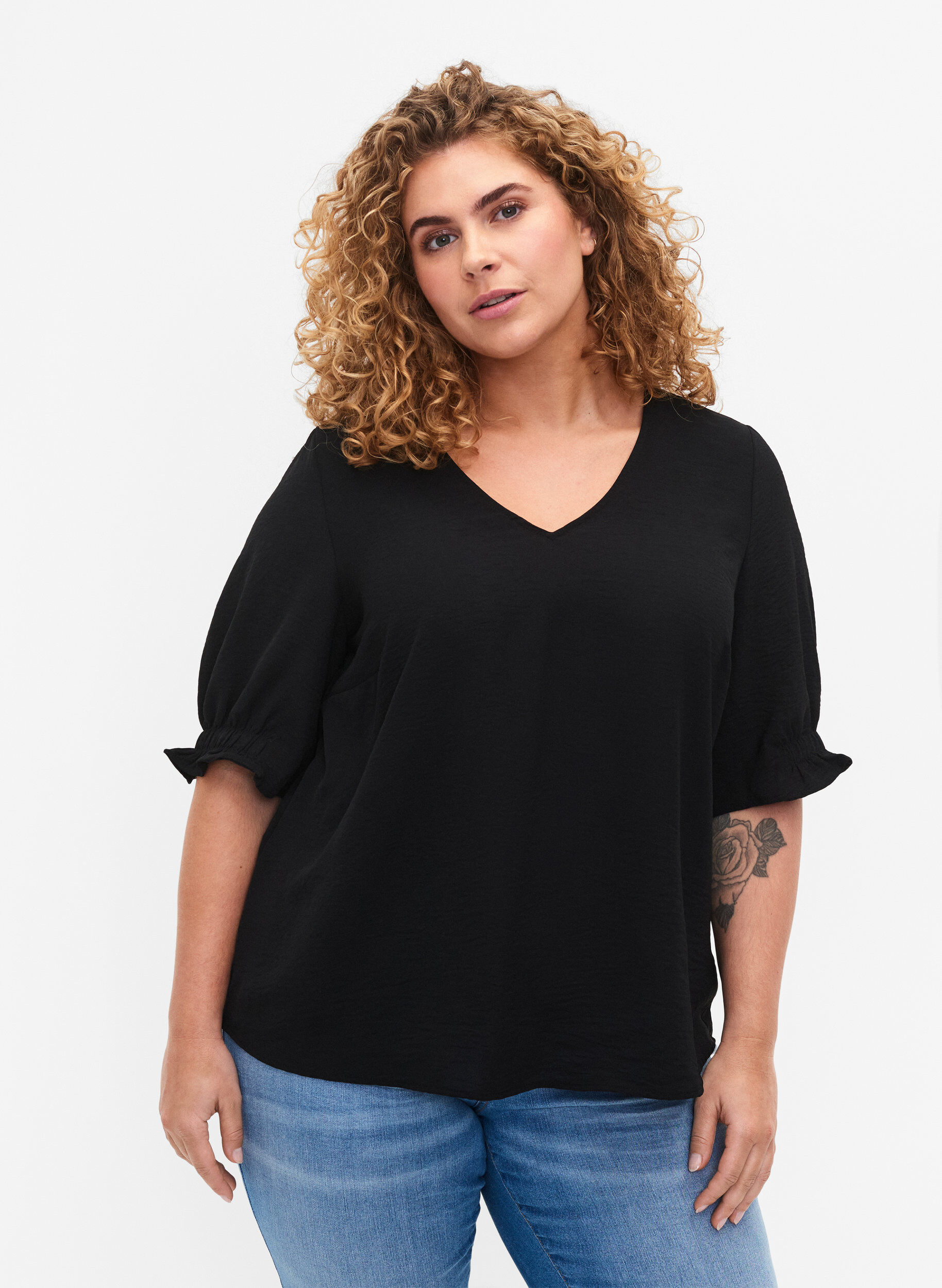 Zizzi Blouse met v-hals , Black, Model image number 0