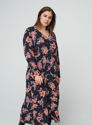 Viscose midi-jurk met bloemenprint, NS w. Red Flower, Model image number 0