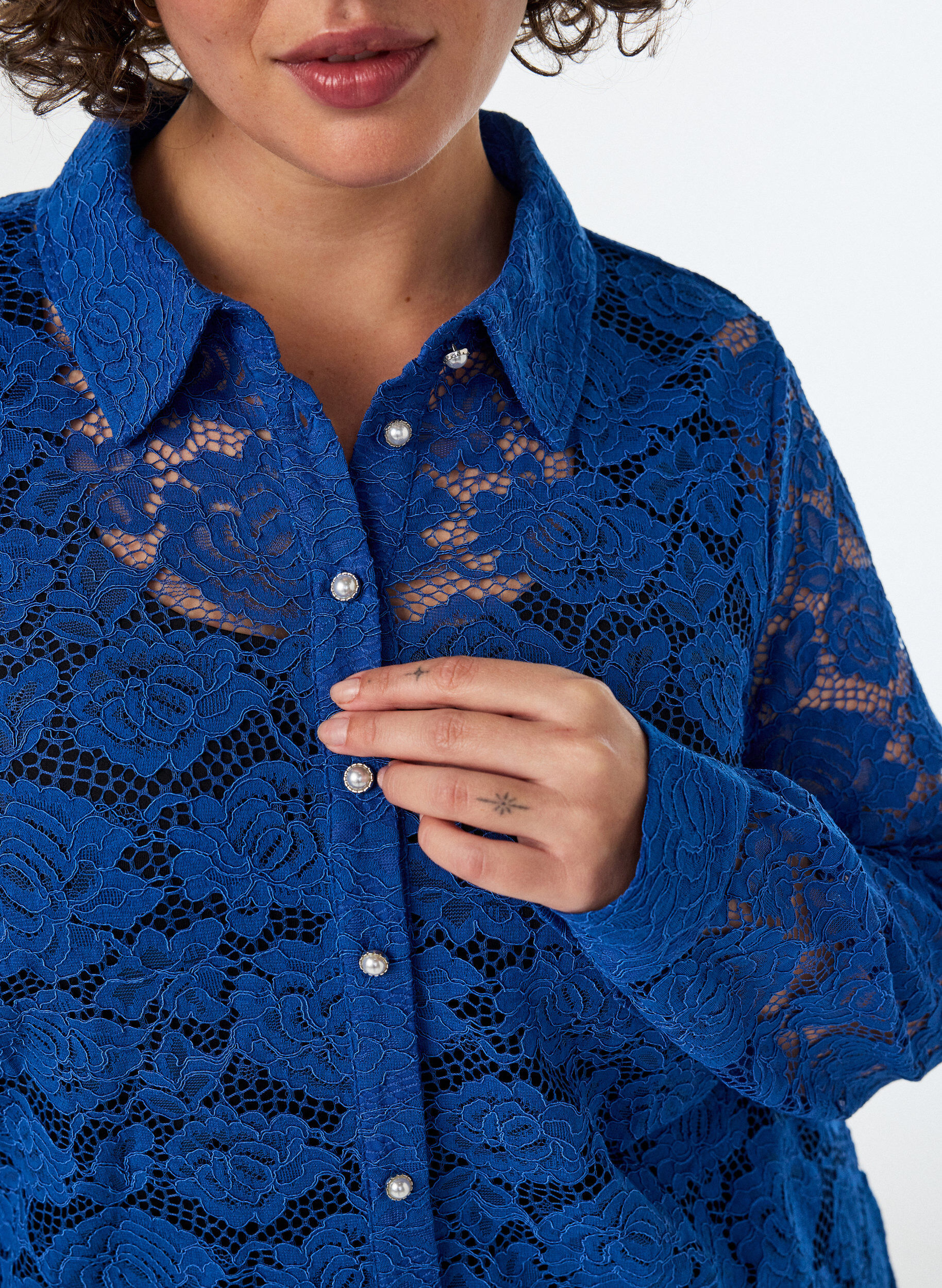 ZizziKanten shirt met parelknopen, Blauw, Model image number 3